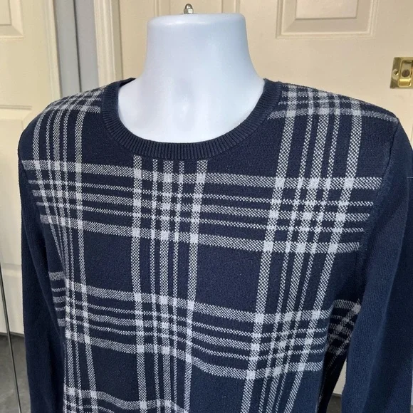 Express Navy Plaid Preppy Crewneck Sweater - Picture 2 of 5